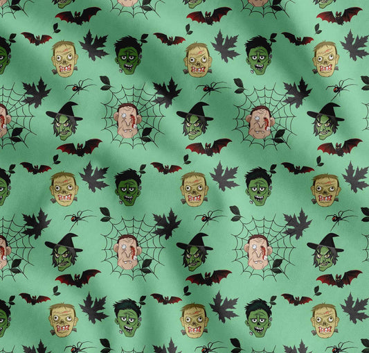 Soimoi Green Cotton Fabric Bat & Ghost Face Halloween Printed Craft Fabric by The Yard