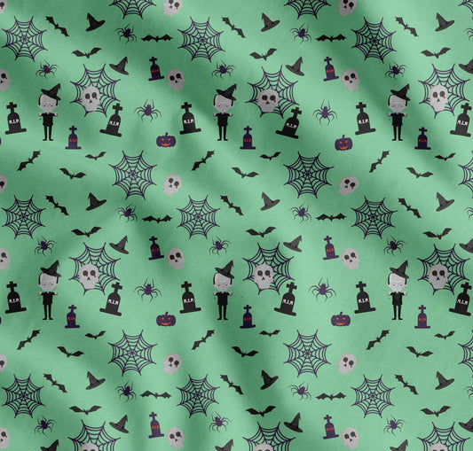 Soimoi Cotton Green Fabric - by The Yard Bat, Skull & Witch Halloween Textile - Magical and Spooky Designs for Halloween Celebrations Printed Fabric