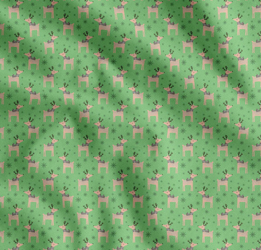 Soimoi Green Cotton Fabric Reindeer & Snowflake Christmas Print Fabric by the yard