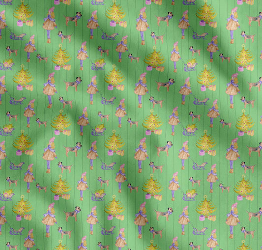 Soimoi Green Cotton Fabric Women,Gift Box & Tree Christmas Fabric Prints By yard