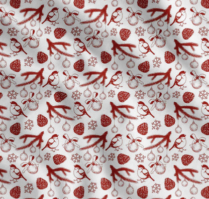 Soimoi Red Cotton Fabric Spruce Leaves & Baubles Christmas Decor Fabric Printed yard