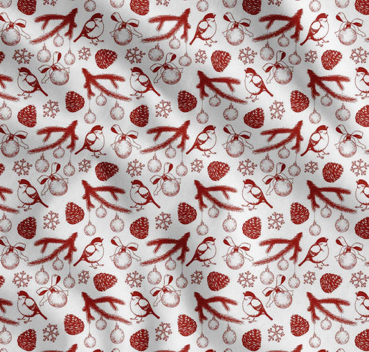 Soimoi Red Cotton Fabric Spruce Leaves & Baubles Christmas Decor Fabric Printed yard