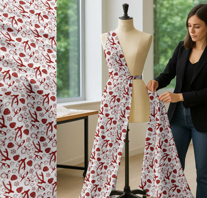 Soimoi Red Cotton Fabric Spruce Leaves & Baubles Christmas Decor Fabric Printed yard