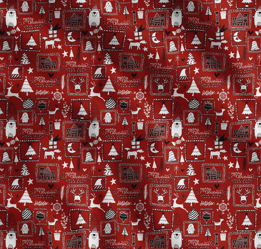 Soimoi Cotton Red Fabric - by The Yard - Snowman, Tree & Baubles Christmas Oasis Fabric - Playful and Nostalgic Patterns for Holiday-Themed Decor Printed Fabric