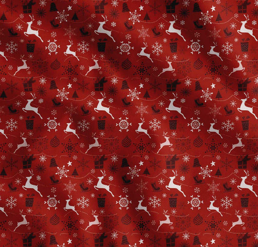 Soimoi Cotton Red Fabric - by The Yard - Reindeer, Gift Box & Baubles Christmas Bliss Material - Festive and Iconic Patterns for Christmas Creations Printed Fabric