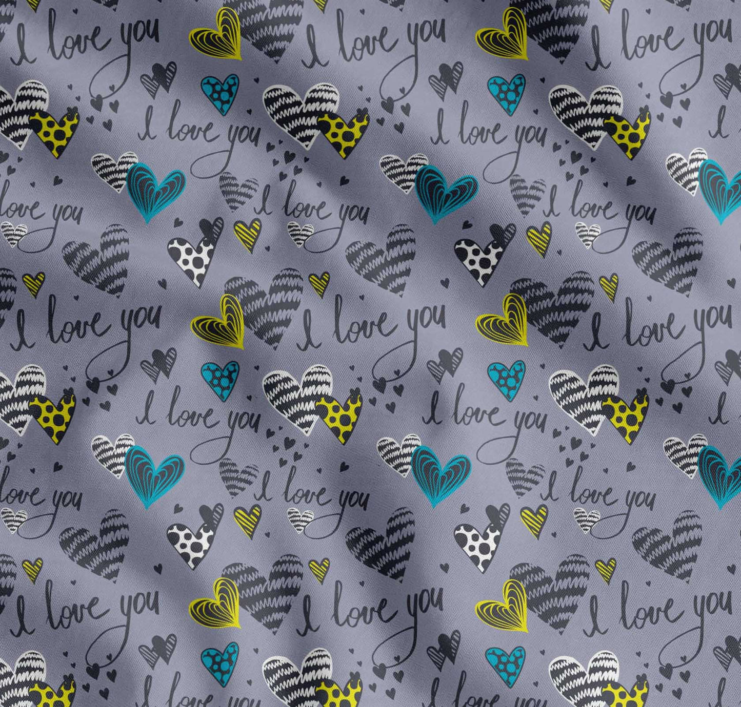Soimoi Grey Cotton Fabric Heart & I Love You Text Print Fabric by The Yard