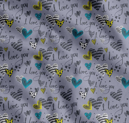 Soimoi Grey Cotton Fabric Heart & I Love You Text Print Fabric by The Yard