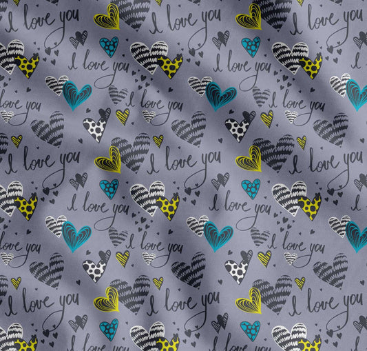 Soimoi Grey Cotton Fabric Heart & I Love You Text Print Fabric by The Yard
