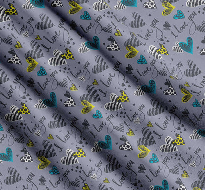 Soimoi Grey Cotton Fabric Heart & I Love You Text Print Fabric by The Yard