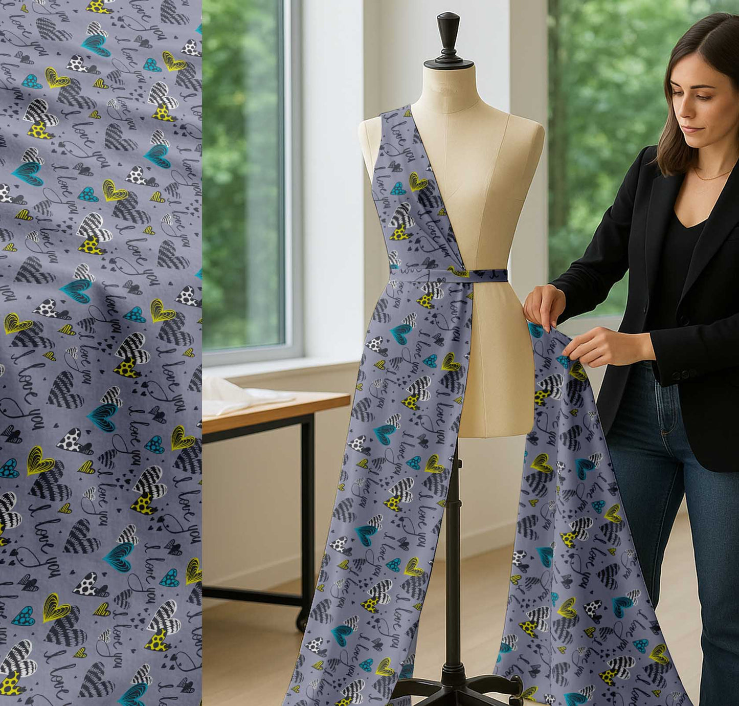 Soimoi Grey Cotton Fabric Heart & I Love You Text Print Fabric by The Yard