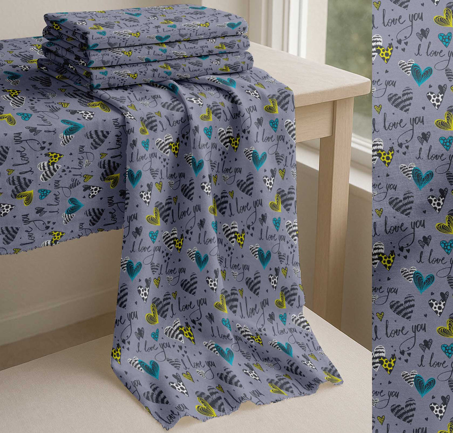 Soimoi Grey Cotton Fabric Heart & I Love You Text Print Fabric by The Yard