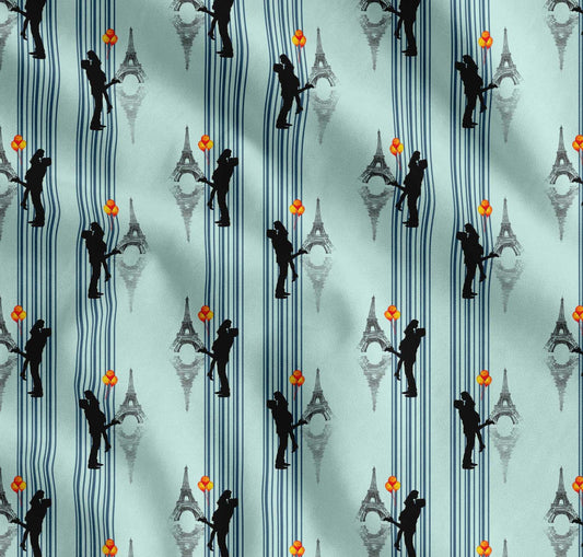 Soimoi Green Cotton Fabric Stripes & Eiffel Tower Love Print Sewing Fabric yard