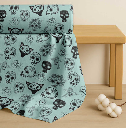 Soimoi Green Cotton Poplin Fabric Heart & Tribal Skull Print Fabric by The Yard Inch Wide