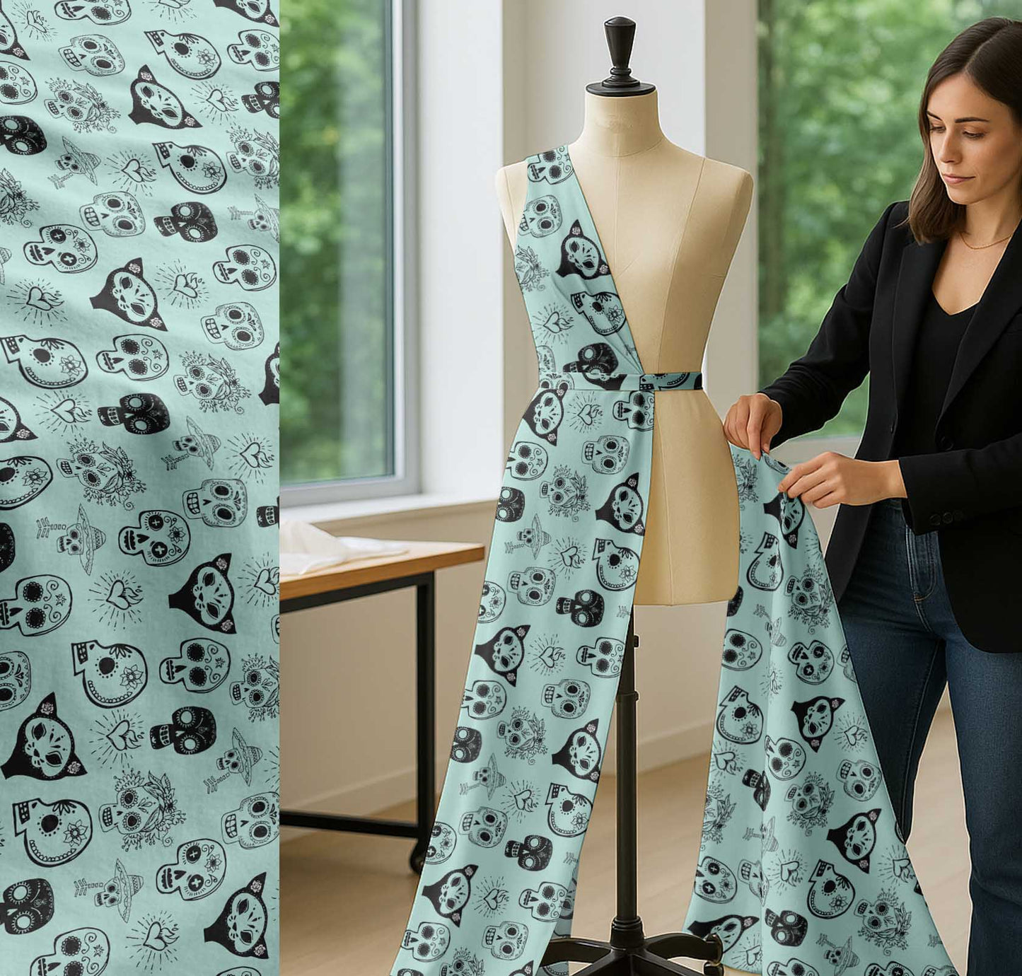 Soimoi Green Cotton Poplin Fabric Heart & Tribal Skull Print Fabric by The Yard Inch Wide