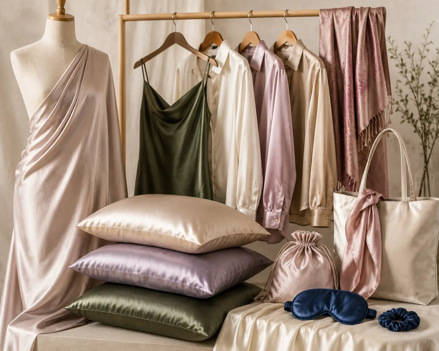 A styled collection of Silk home textiles and accessories in soft neutral and pastel tones, including pillows, a draped mannequin dress, hanging satin garments, a tote bag, a sleep mask, and a scrunchie on a draped fabric surface.