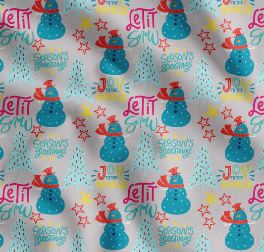 Soimoi Gray Cotton Poplin Fabric Snowman & Tree Christmas Printed Craft Fabric by The Yard Inch Wide