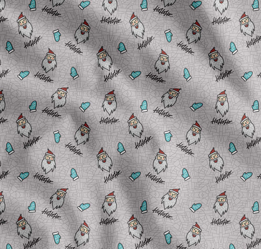 Soimoi Grey Cotton Fabric Gloves & Santa Face Christmas Decor Fabric Printed Yard