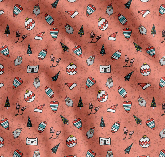 Soimoi Cotton Orange Fabric - by The Yard Snowflake, Tree & Baubles Christmas Oasis Fabric - Frosty and Classic Fusion for Festive Creations Printed Fabric