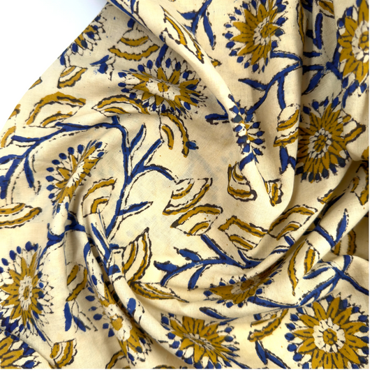 Blue & Mustard Floral Handblock Cotton Fabric – 44 Inches
