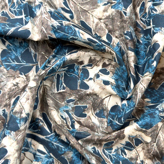 Navy & Taupe Botanical Leaf Print Cotton | Digital Print Turkish Cotton