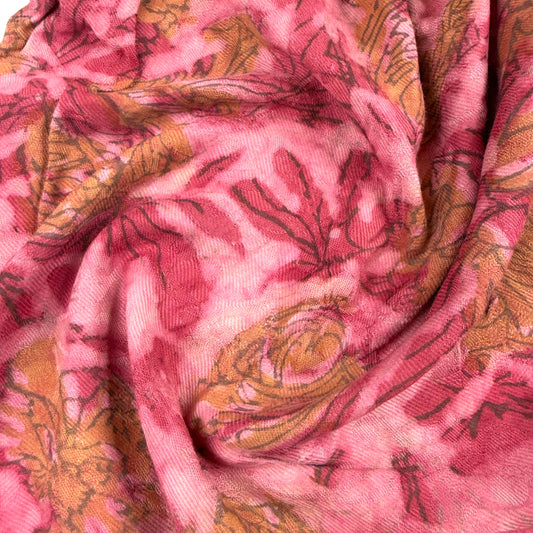 Pashmina Silk Feel Fabric with Handblocked Prints | Natural Fruit-Dyed Handblock Fabric for Sewing, Crafts & DIY - Pink Flowers