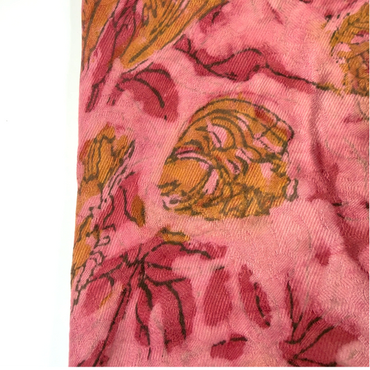 Pashmina Silk Feel Fabric with Handblocked Prints | Natural Fruit-Dyed Handblock Fabric for Sewing, Crafts & DIY - Pink Flowers