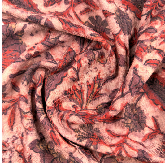 Pashmina Silk Feel Fabric with Handblocked Prints | Natural Fruit-Dyed Handblock Fabric for Sewing, Crafts & DIY - Red Flowers
