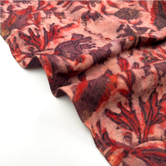 Pashmina Silk Feel Fabric with Handblocked Prints | Natural Fruit-Dyed Handblock Fabric for Sewing, Crafts & DIY - Red Flowers