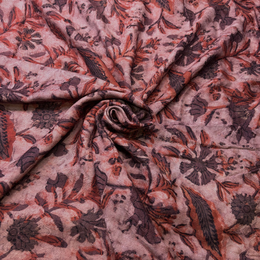 Pashmina Silk Feel Fabric with Handblocked Prints | Natural Fruit-Dyed Handblock Fabric for Sewing, Crafts & DIY - Red Flowers