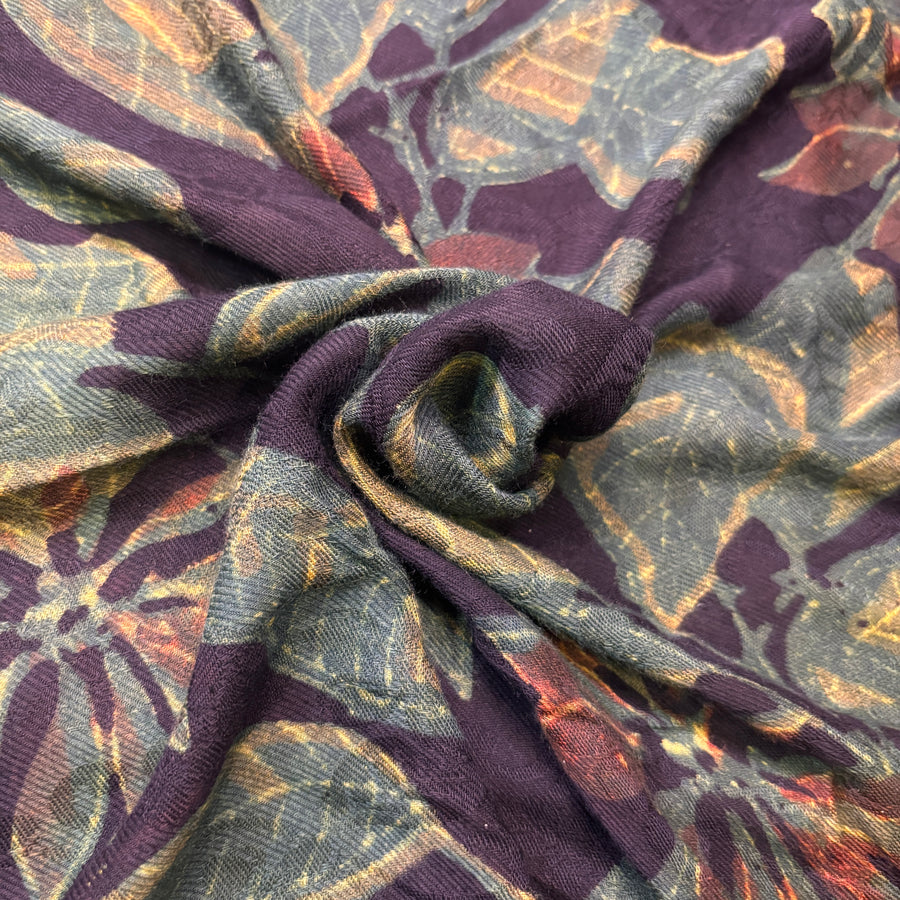 Vegan Pashmina Silk Feel Fabric with Handblocked Prints | Natural Fruit-Dyed Handblock Fabric for Sewing, Crafts & DIY - Green Leaves