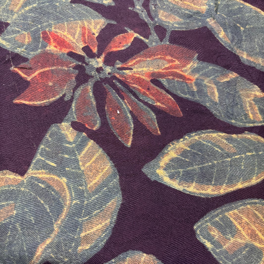 Vegan Pashmina Silk Feel Fabric with Handblocked Prints | Natural Fruit-Dyed Handblock Fabric for Sewing, Crafts & DIY - Green Leaves
