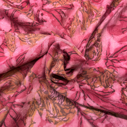Pashmina Silk Feel Fabric with Handblocked Prints | Natural Fruit-Dyed Handblock Fabric for Sewing, Crafts & DIY - Pink Flowers