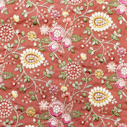 Multi-Color Floral Thread Embroidered Fabric - 20 Meters