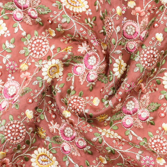 Multi-Color Floral Thread Embroidered Fabric - 20 Meters