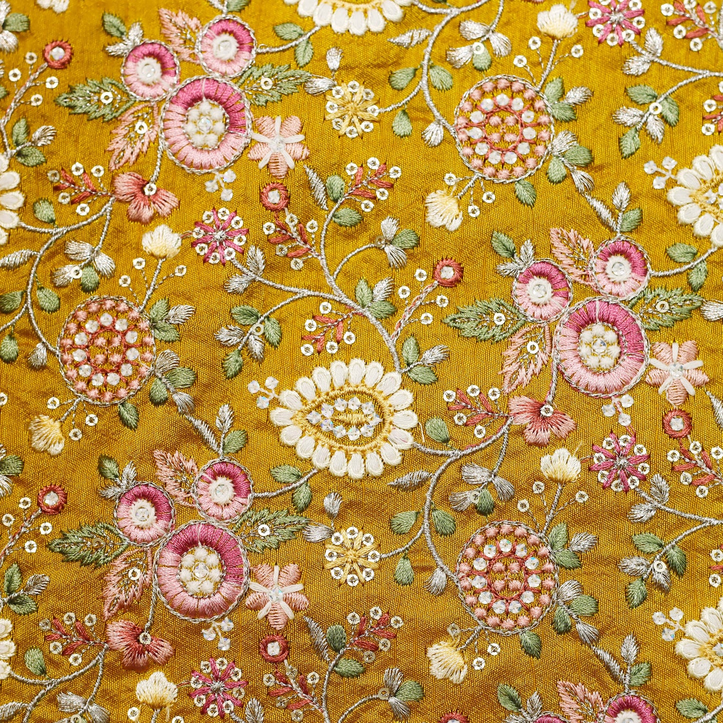 Multi-Color Floral Thread Embroidered Fabric - 20 Meters