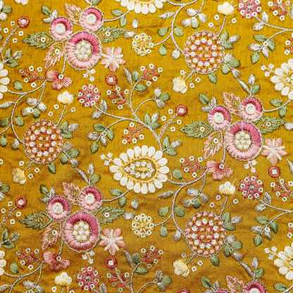Multi-Color Floral Thread Embroidered Fabric - 20 Meters
