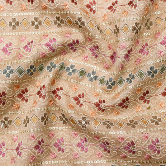 Vibrant Embroidered Fabric with Sequin Bands - 20 Meters