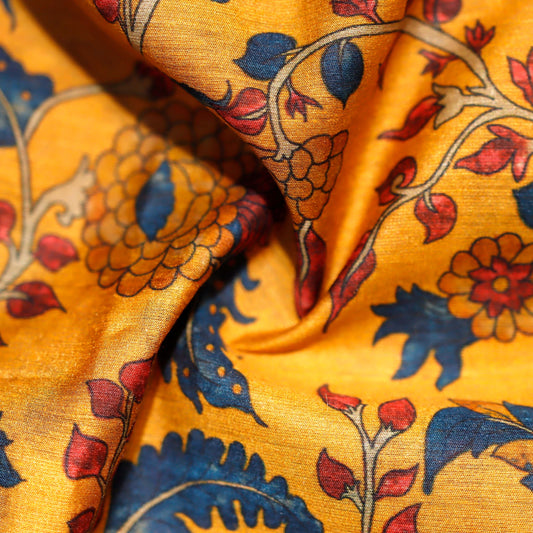 Mustard Yellow Floral Print on 100% Silk Tussah