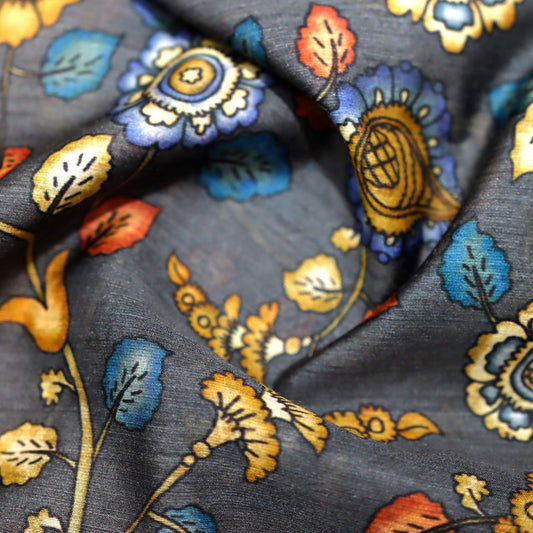 Dark Grey with Contrast Floral Print on 100% Silk Tussah