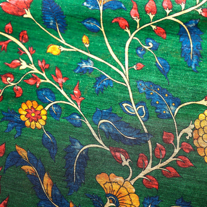 Peacock Green with Multicolor Floral Print on 100% Silk Tussah