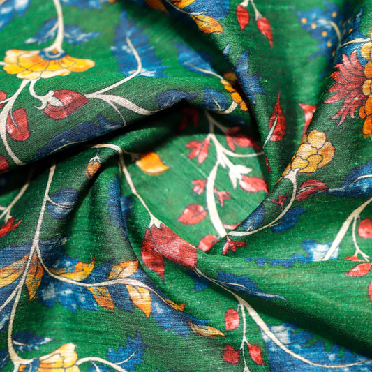 Peacock Green with Multicolor Floral Print on 100% Silk Tussah