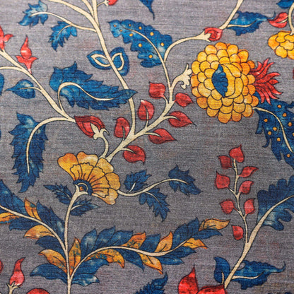 Grey Floral Print on 100% Silk Tussah