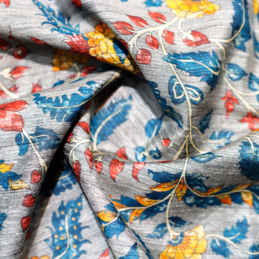 Grey Floral Print on 100% Silk Tussah