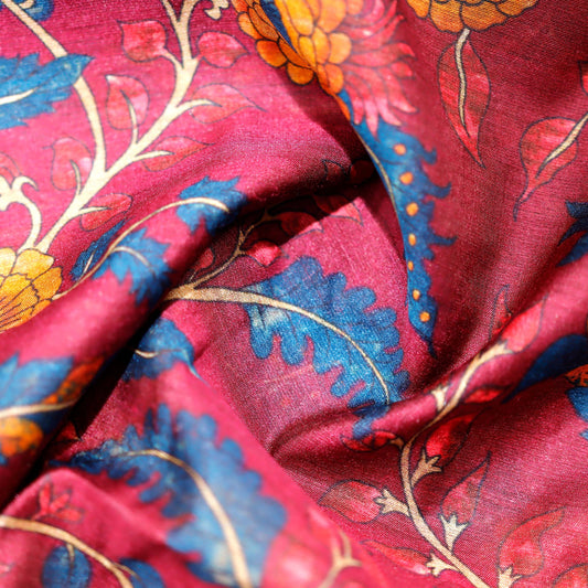 Red and Blue Floral Print on 100% Silk Tussah