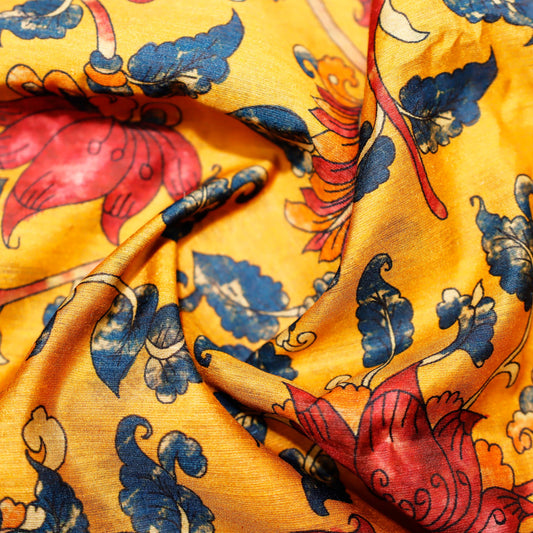 Mustard Yellow Floral Digital Print on 100% Silk Tussah