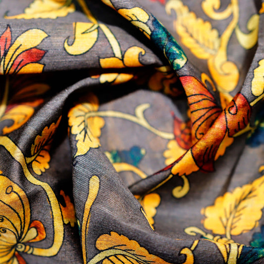 Grey & Mustard Floral Print On 100% Silk Tussah