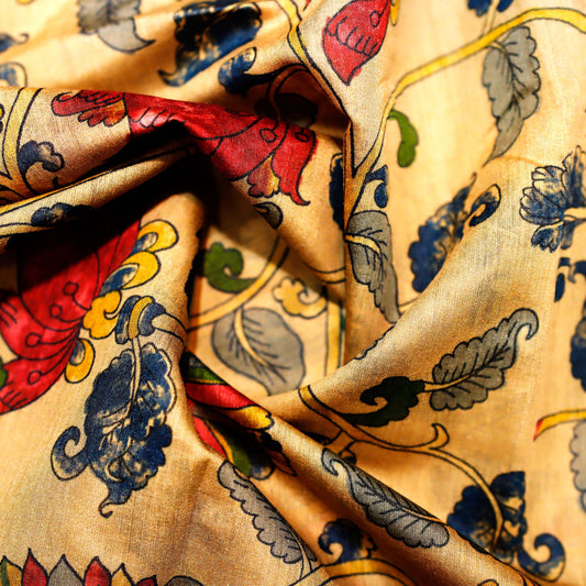 Beige Artistic Floral Pattern on 100% Silk Tussah