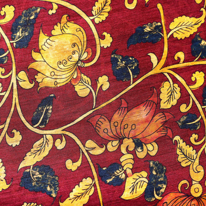 Maroon Artistic Floral Print Pattern on 100% Silk Tussah