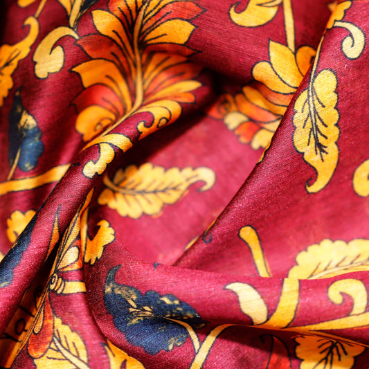 Maroon Artistic Floral Print Pattern on 100% Silk Tussah
