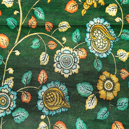 Green Floral Print Pattern On 100% Silk Tussah